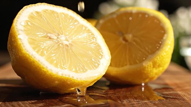 Freshly squeezed citrus fruit juice dripping from a halved yellow fruit onto a wooden cutting board, highlighting its vibrant color and texture