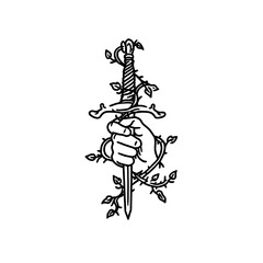 Fototapeta premium Rebellious Sword Illustration: A Black and White Line Art Masterpiece with Rose Thorns, Courageous Symbols, and Dark Aesthetic Appeal