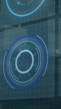 Translucent control HUD rotating blue ring and pulsing inner rings scanning on startup on grid wall