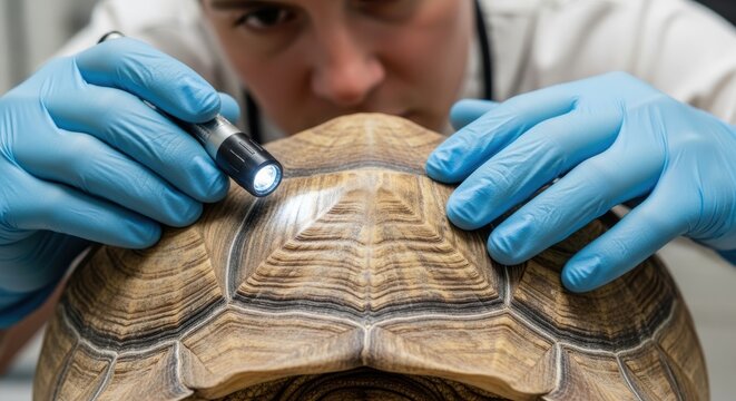 Professional Veterinarian Examining A Large Tortoise Shell With A Flashlight