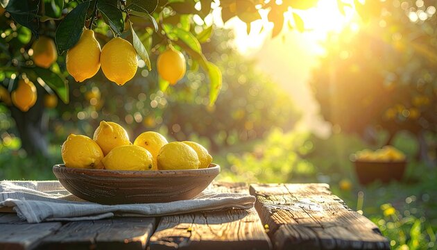 A sun-drenched still life showcases a rustic bowl overflowing with vibrant yellow lemons hanging from a lush lemon tree, bathed in golden light.