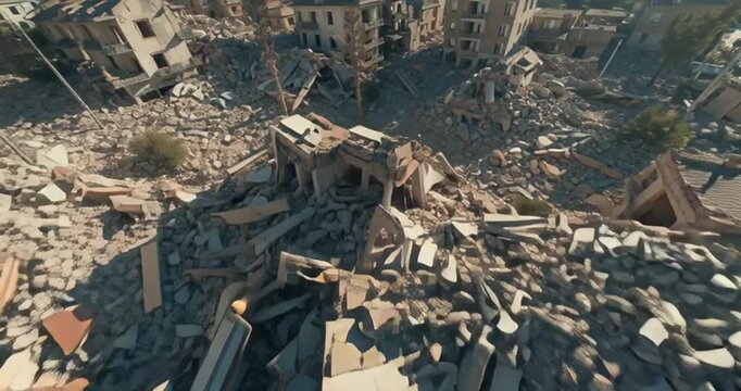 An aerial view of widespread urban destruction and rubble, showcasing the aftermath of a catastrophic event