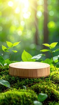 A wooden platform rests amidst lush greenery and dappled sunlight in a serene forest setting, creating a tranquil and natural display.