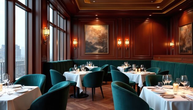 Elegant restaurant dining room features plush teal booths, wood paneling. Tables set with white tablecloths, glassware, candles. Large windows offer city views. Nobody present in luxurious interior.