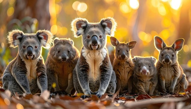 A heartwarming portrait captures a group of koalas and quolls nestled amongst fallen leaves in a sun-drenched Australian forest, showcasing their endearing expressions and natural habitat.