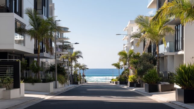 Quiet Broadbeach street with ocean at the end, warm morning light on palm trees and modern apartments, capturing a clean coastal lifestyle and upscale property atmosphere.