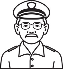 Obraz premium Hand Drawn Elderly Police Officer Man Black and White Illustration in Minimal Line Art Style Design