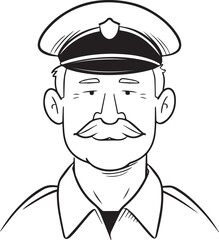Obraz premium Hand Drawn Elderly Police Officer Man Black and White Illustration in Minimal Line Art Style Design
