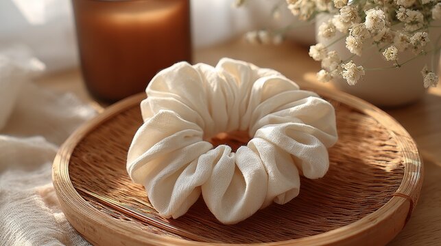 Minimal matte white cotton scrunchie with soft texture and elegant simple design, perfect for hair styling, fashion accessories, and everyday casual wear.