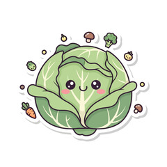 Fototapeta premium Cute Kawaii Cabbage Character Surrounded by Healthy Vegetables and Food Elements