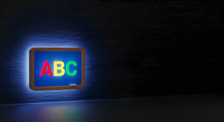 Naklejka premium 3d render of a small classroom chalkboard with glowing colorful abc letters, representing early childhood education and learning