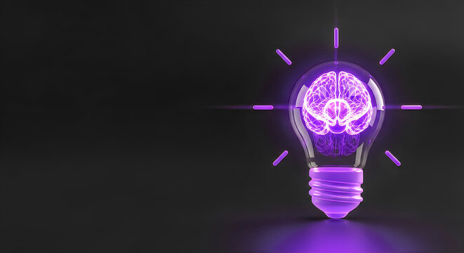 3d render of a glowing purple light bulb with a human brain inside on a black background