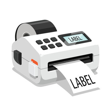 A white label printer with a roll of labels and printed label