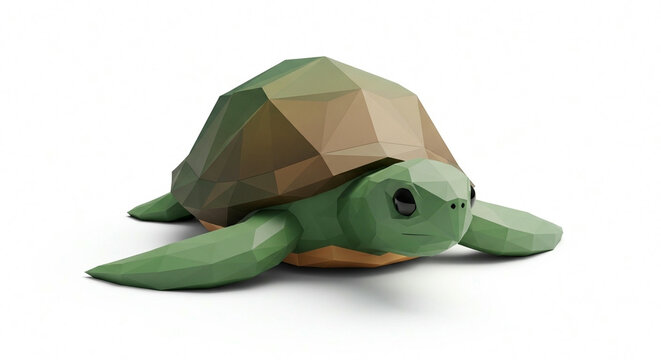 Low poly geometric green turtle illustration on a white background, a cute and stylized reptile with a faceted shell and body