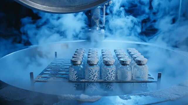 Glass vials in a cryogenic freezer with dense vapor, indicating scientific storage or pharmaceutical processing.