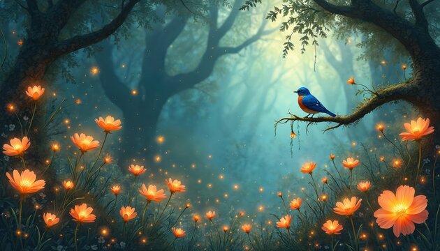 Magical forest with glowing orange flowers and tiny lights. A blue bird sits on a tree branch. Enchanted garden scene, peaceful nature, fantasy illustration.