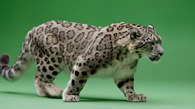 A video of a snow leopard walking on a green background