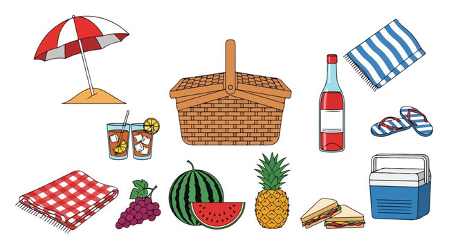 Picnic, outdoor, summer, vector icons, 12 elements, food, drink, leisure
