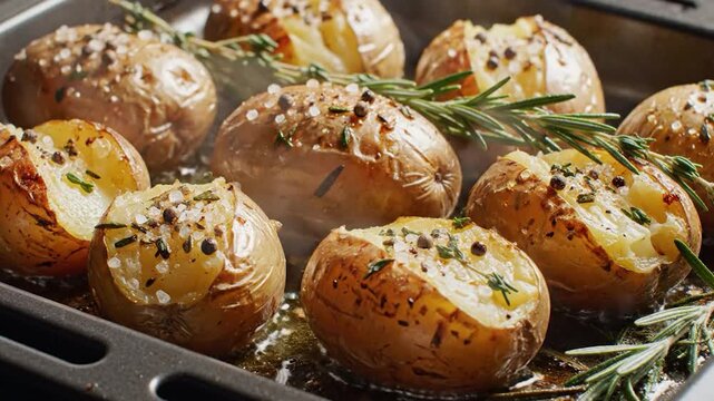 Deliciously seasoned and roasted whole potatoes are presented in a baking dish with fresh herbs and coarse salt, creating an appetizing culinary scene