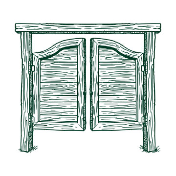 Wooden Saloon Swing Doors Black and White Vintage Illustration