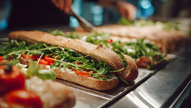 Realistic image of a long Italian sub being finished with shredded lettuce and oil drizzle at a chrome refrigerated ingredient station