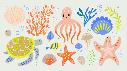 Colorful illustration of marine life including octopus turtle and starfish © Raju