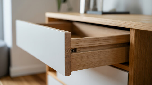 Open light brown wooden dresser drawer furniture interior