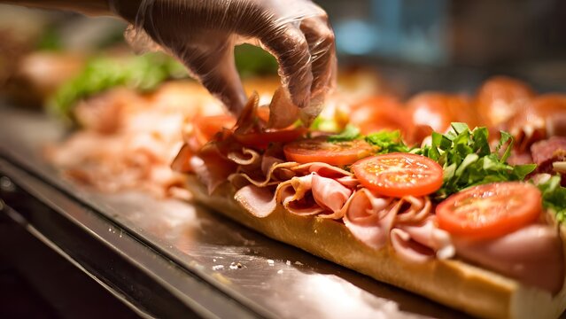 Candid mid-service capture of an Italian sub being layered with fresh greens and bright tomatoes at a shiny refrigerated sandwich station