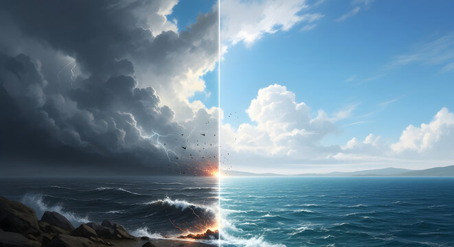 A striking duality of a stormy ocean under dark clouds contrasted with a serene seascape under a clear blue sky, representing the contrast between chaos and tranquility