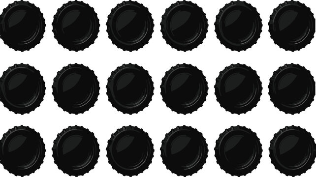 Collection of black metal bottle cap icons from top view, soda and beer lid vector set for beverage packaging design, and branding