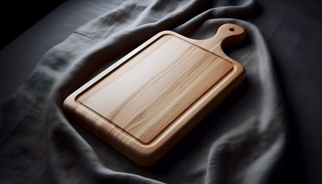 A large, empty rectangular wooden serving board mockup, isolated on a dark linen napkin, Ai generated image