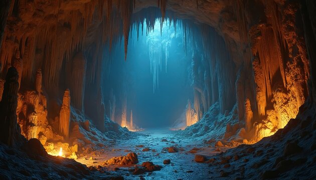 Vast cave interior with numerous stalactites hanging from ceiling and stalagmites on floor. Orange and blue lights illuminate geological formations in dark cavern.