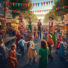 Naklejka premium People dancing in a festive parade.