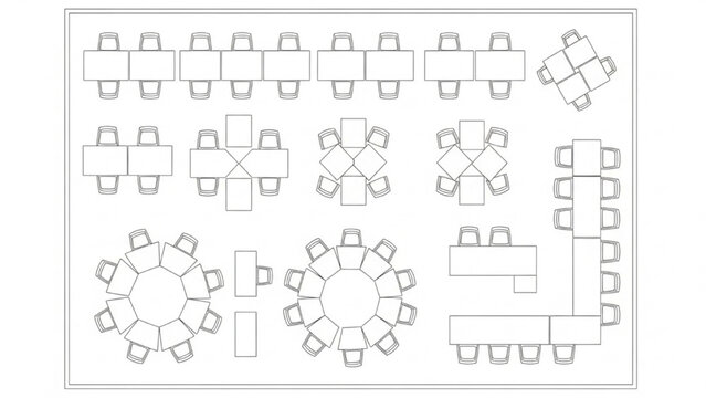 Diverse collection of table and chair layouts for adaptable event planning and office space design illustrations