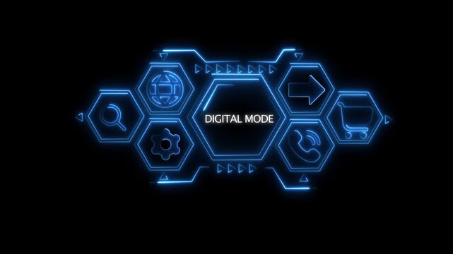 Digital mode concept represented by a blue neon hexagonal interface with for globe search gear phone shopping cart and arrow on a black backdrop