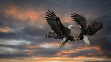 Obraz premium Two American bald eagles (Haliaeetus leucocephalus) locking talons during a dramatic mid-air fight with wide copy space
