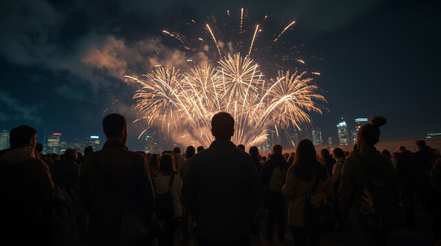 Diverse people watching a majestic golden firework burst spreading across the dark sky above a city waterfront area.