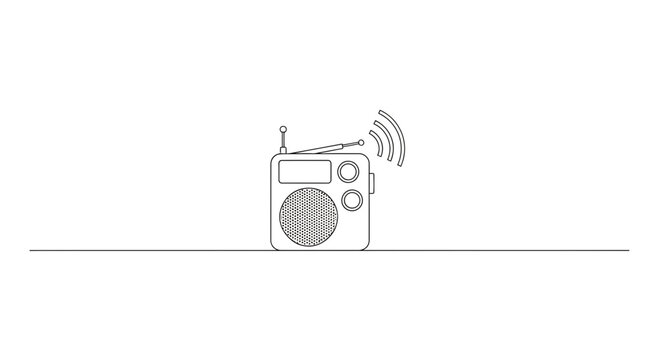 Elegant continuous line art illustration of a retro radio receiver emitting clear signal waves