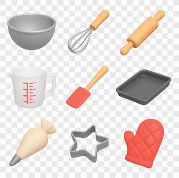 Baking and Kitchen Essentials Vector Icon Set | 3D icon set | mixing bowl, wire whisk, rolling pin, measuring cup, spatula, baking tray, piping bag, a star-shaped cookie cutter, quilted oven mitt