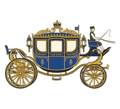 A vintage royal carriage with intricate gold detailing and a driver on the outside