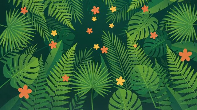 Lush green leaves fill the frame. Oranges bloom among the foliage. Ferns and palms create a tropical vibe. Vibrant plants frame the background. Perfect for tropical-themed designs