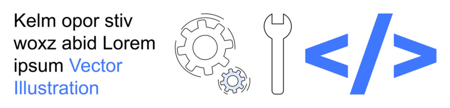 Software development, programming, engineering, coding, technology concepts, digital tools. Image shows gears, a wrench and coding brackets. Software development and programming concept