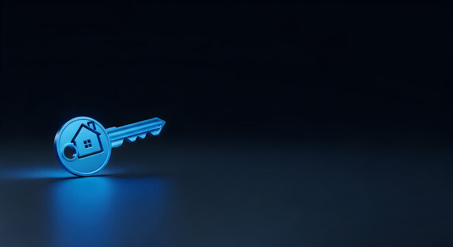 3d render of a blue key with a house icon, representing real estate, home ownership, and property security on a dark background