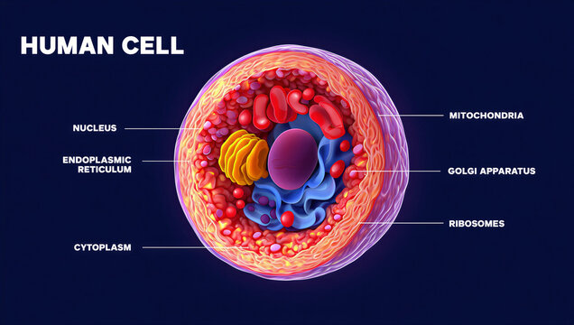Detailed illustration of a human cell with labeled organelles and structures