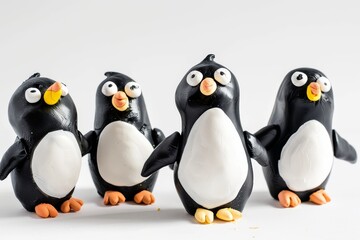 Obraz premium Five cute plasticine penguins front view white background simple playful clay character group design