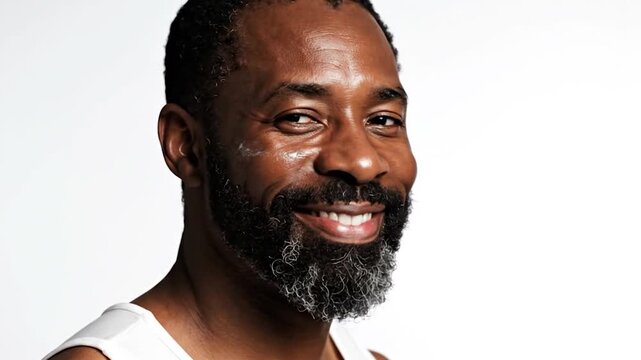 A mature man with a beard applies skincare product to his face, enjoying the sensation with closed eyes and a gentle smile