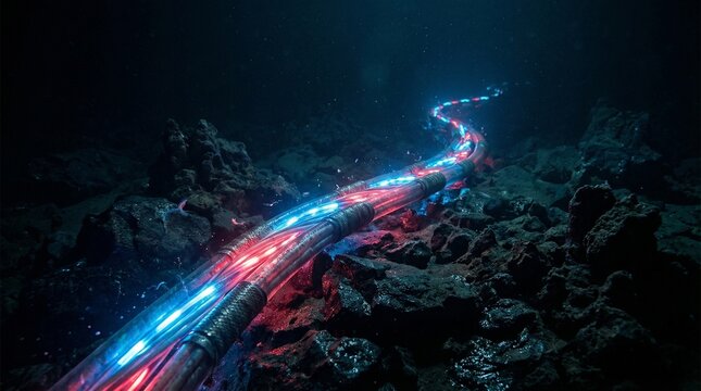 Vibrant red and blue glowing data cables traverse a rugged dark deep sea floor illuminating the mysterious underwater environment with a futuristic te