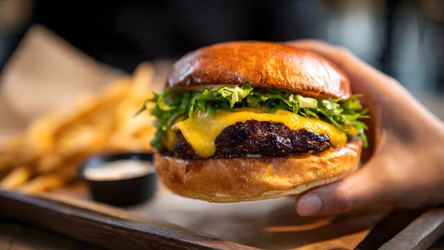 Elegant shallow-focus shot, center frame cheeseburger in hand, brioche bun perfectly smooth and glossy, thick patty, melted cheddar, lettuce, fries and sauce arranged but heavily blurred behind.