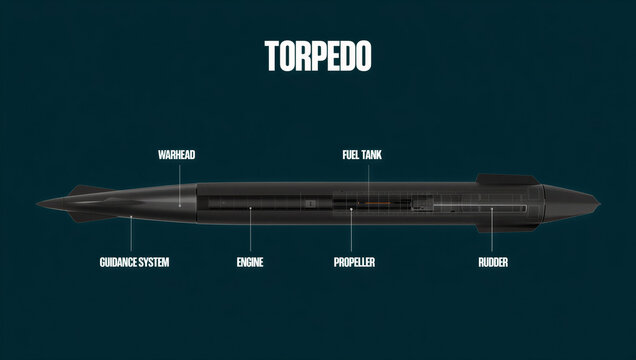 Detailed diagram of a torpedo with labeled components for educational purposes  submarine warfare