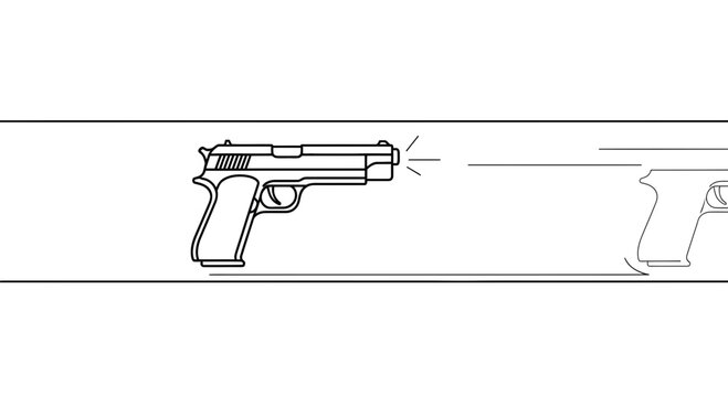 Dynamic line art illustration of a handgun firing with muzzle flash and subtle recoil motion